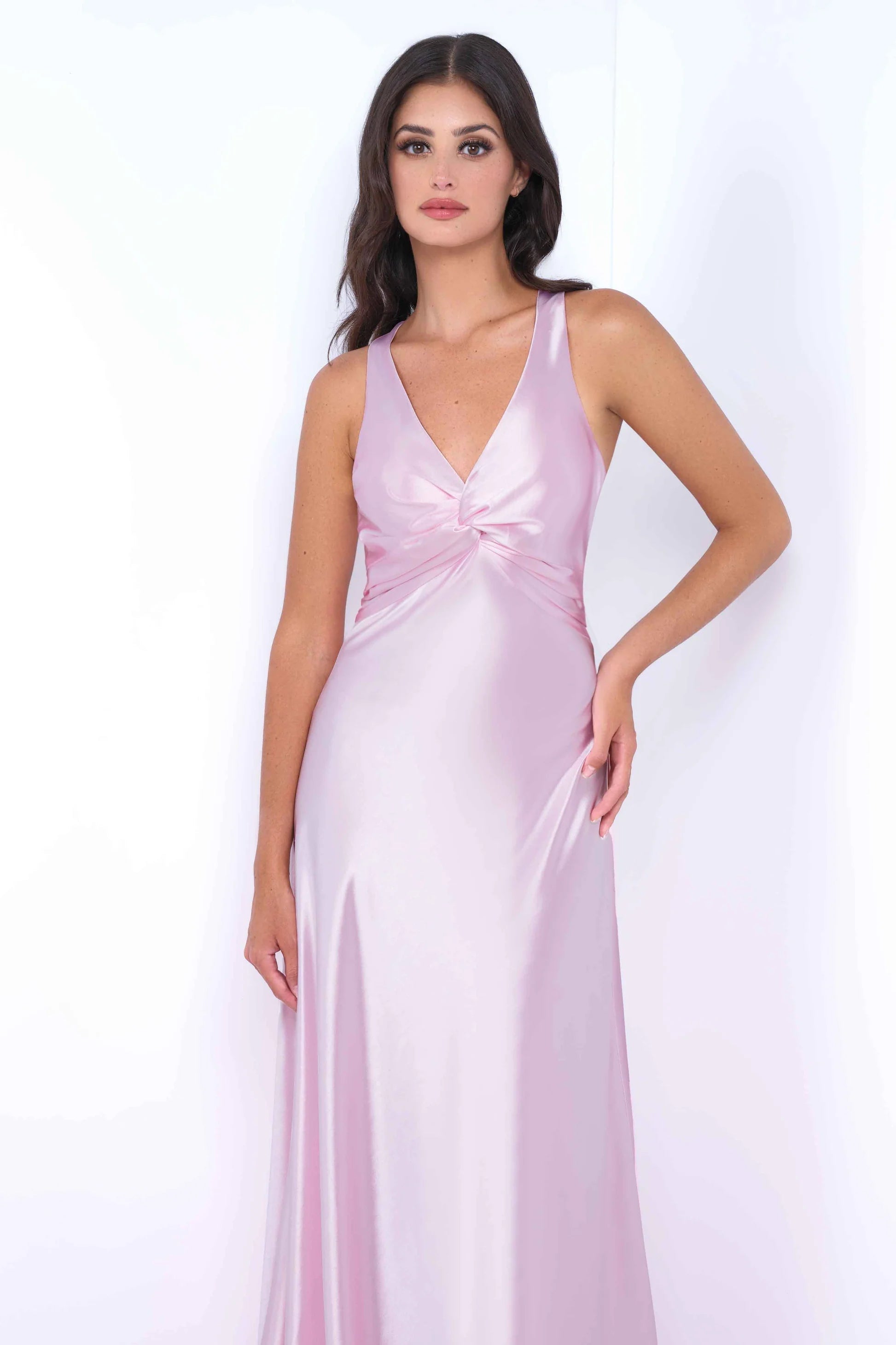 Odette Maxi Dress Pink Open Back With Adjustable Bow Tie Detail