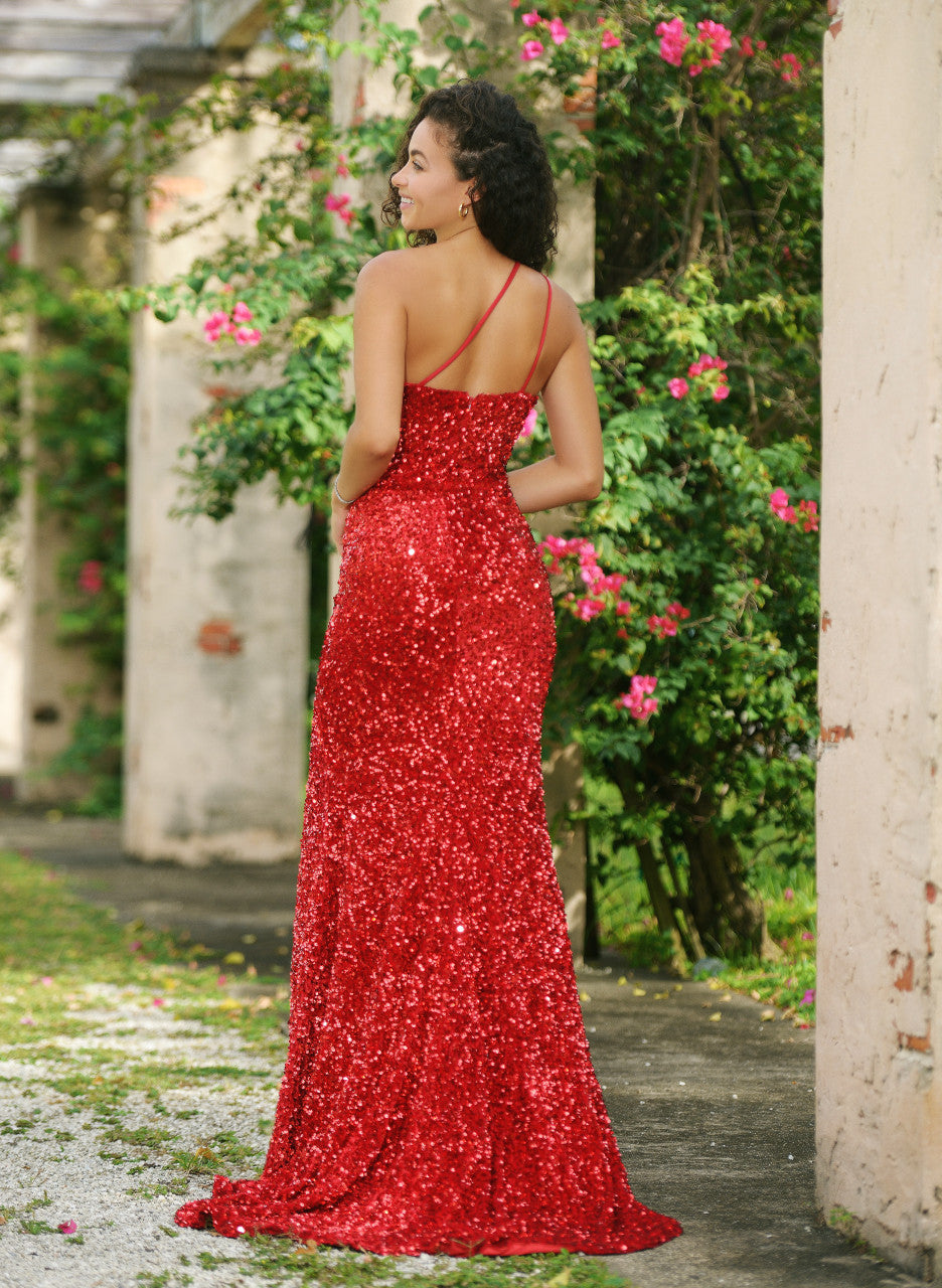 Size 4, Stardust One Shoulder Sequin Gown Red FINAL