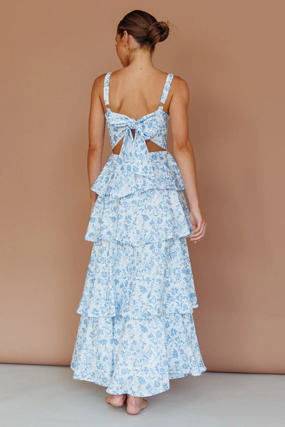 Molly Maxi Dress Blue Floral Tiered Dress with Bow