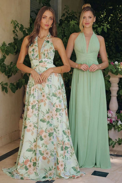 SAGE FLORAL CHEYENNE GOWN CHIFFON HALTER DRESS