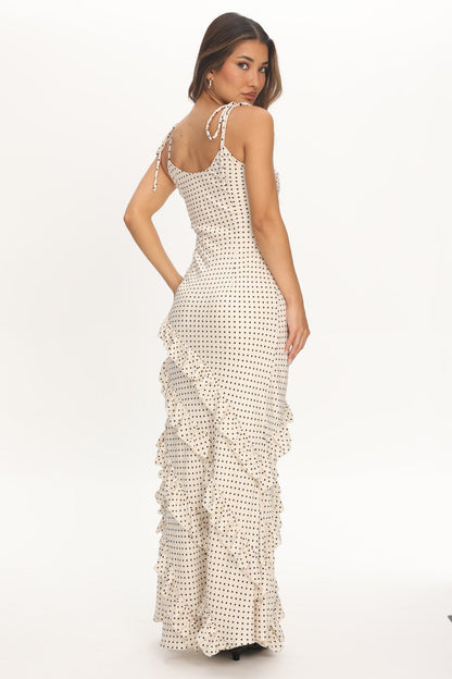 Nevaeh Polka Dot Ruffle Maxi Dress Off White