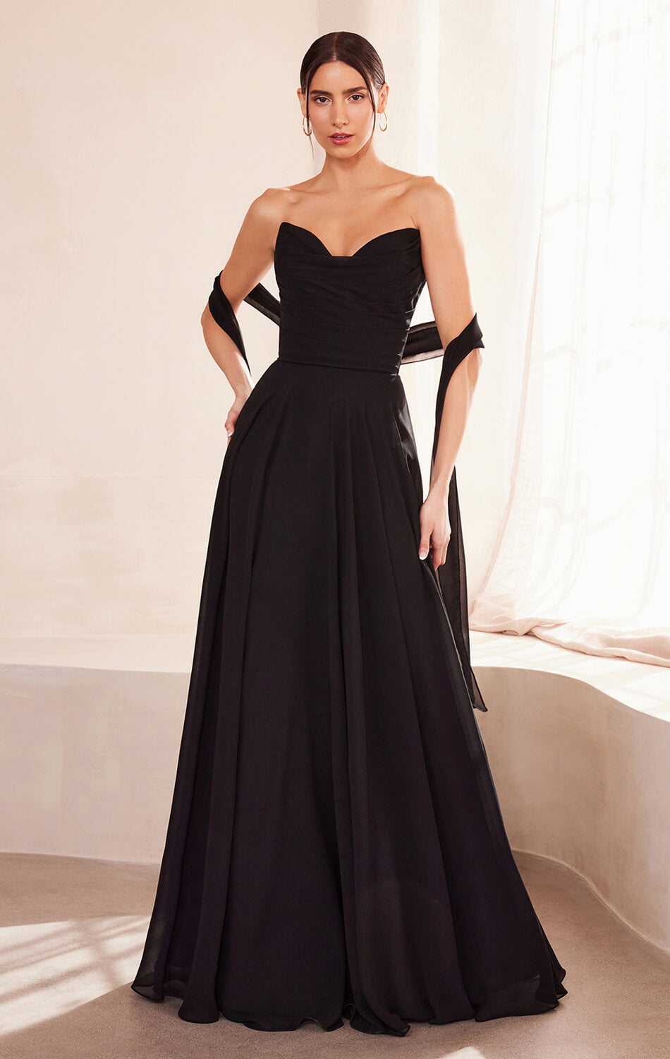 Ella Gown A- Strapless Chiffon Dress With Scarf