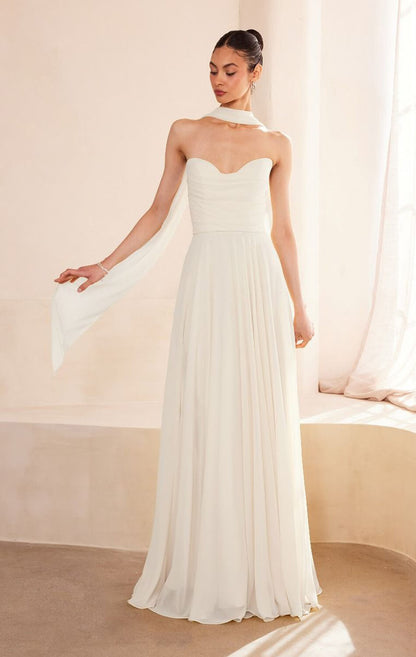 Ella Gown A- Strapless Chiffon Dress With Scarf Off White