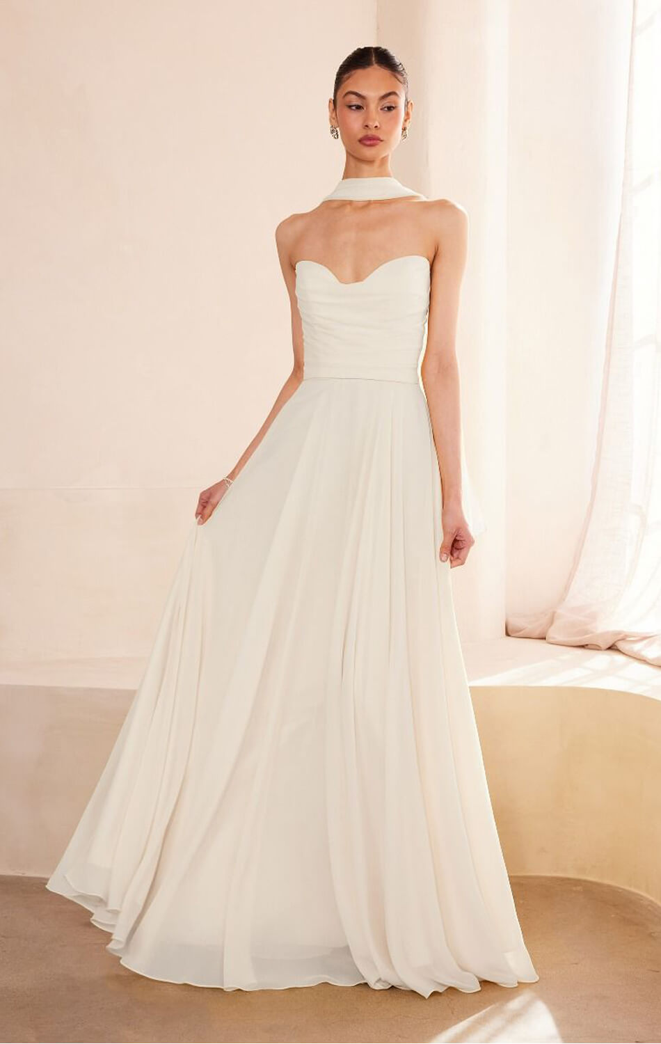 Ella Gown A- Strapless Chiffon Dress With Scarf Off White