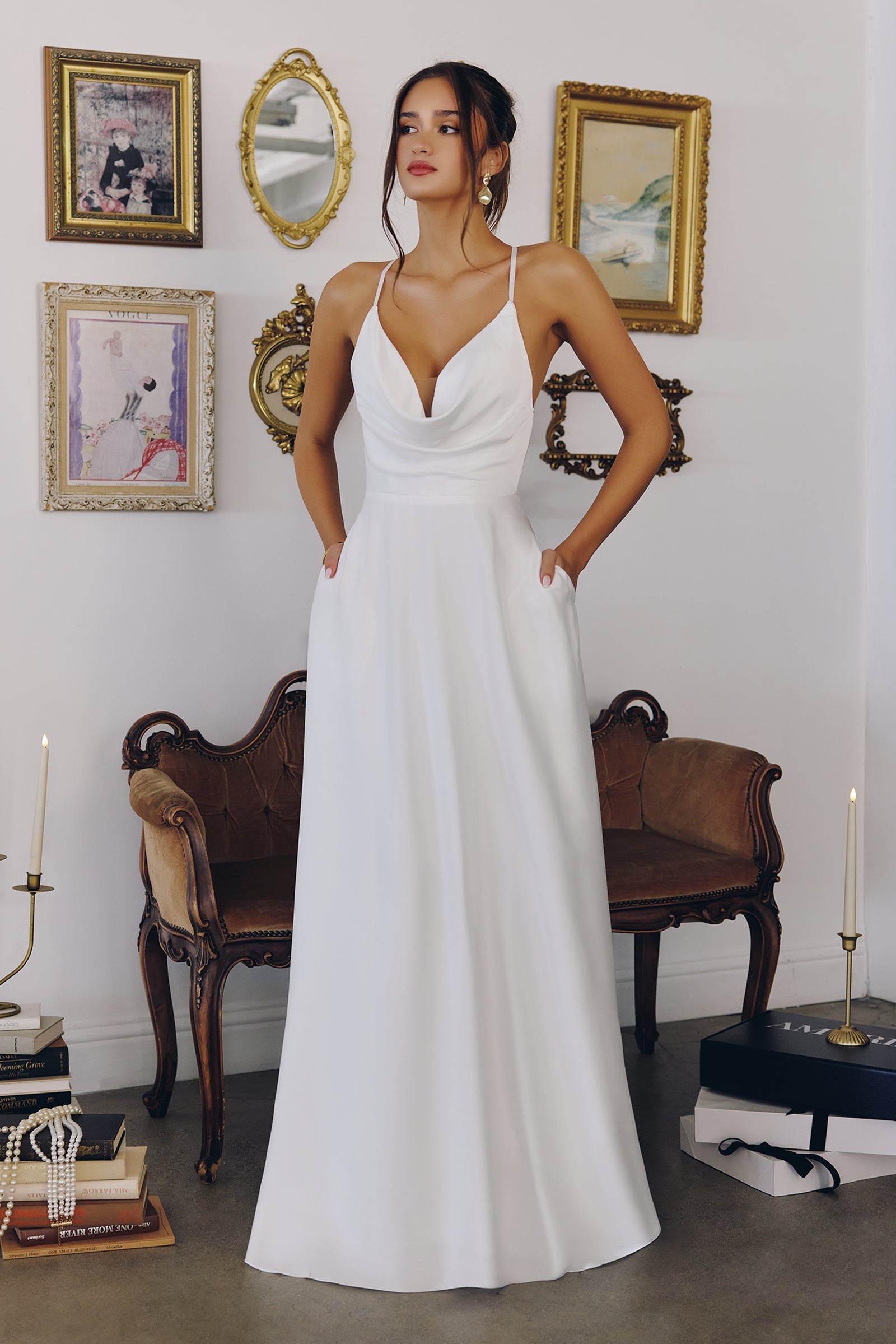 WILLOW GOWN OFF WHITE A- SATIN DRESS WITH COWL NECKLINE