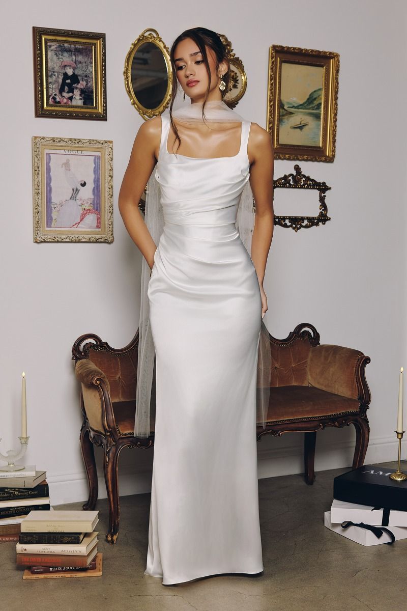 Toby Maxi Off White Satin Dress with Lace Up Back & Scarf