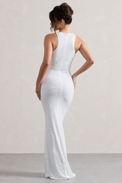 Escala | White Hotfix Racer-Neck Maxi Dress