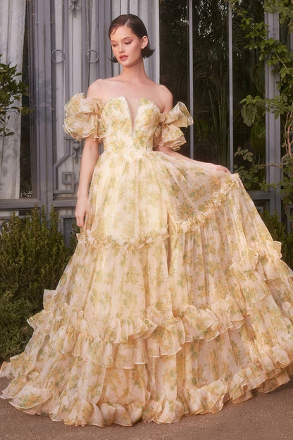 A1430 STRAPLESS FLORAL PRINTED BALL GOWN Andrea & Leo
