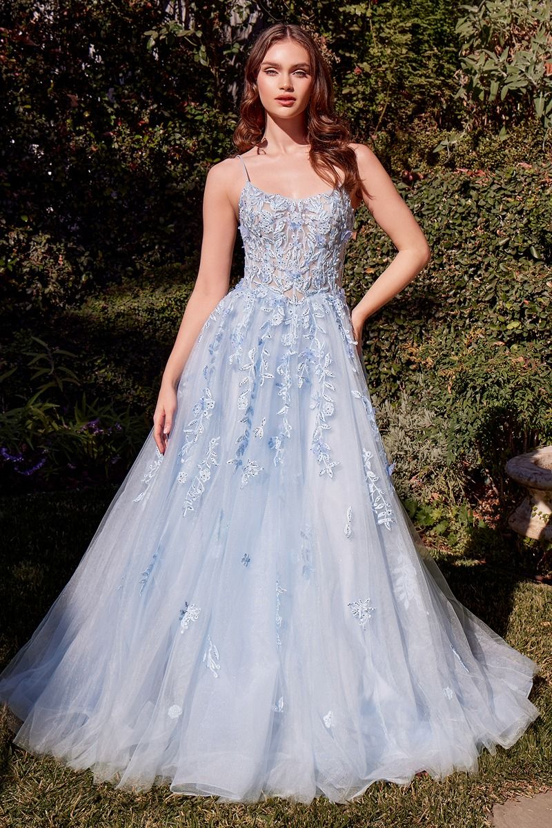 A1437 LIGHT BLUE LEAF MOTIF APPLIQUED A- DRESS Andrea & Leo