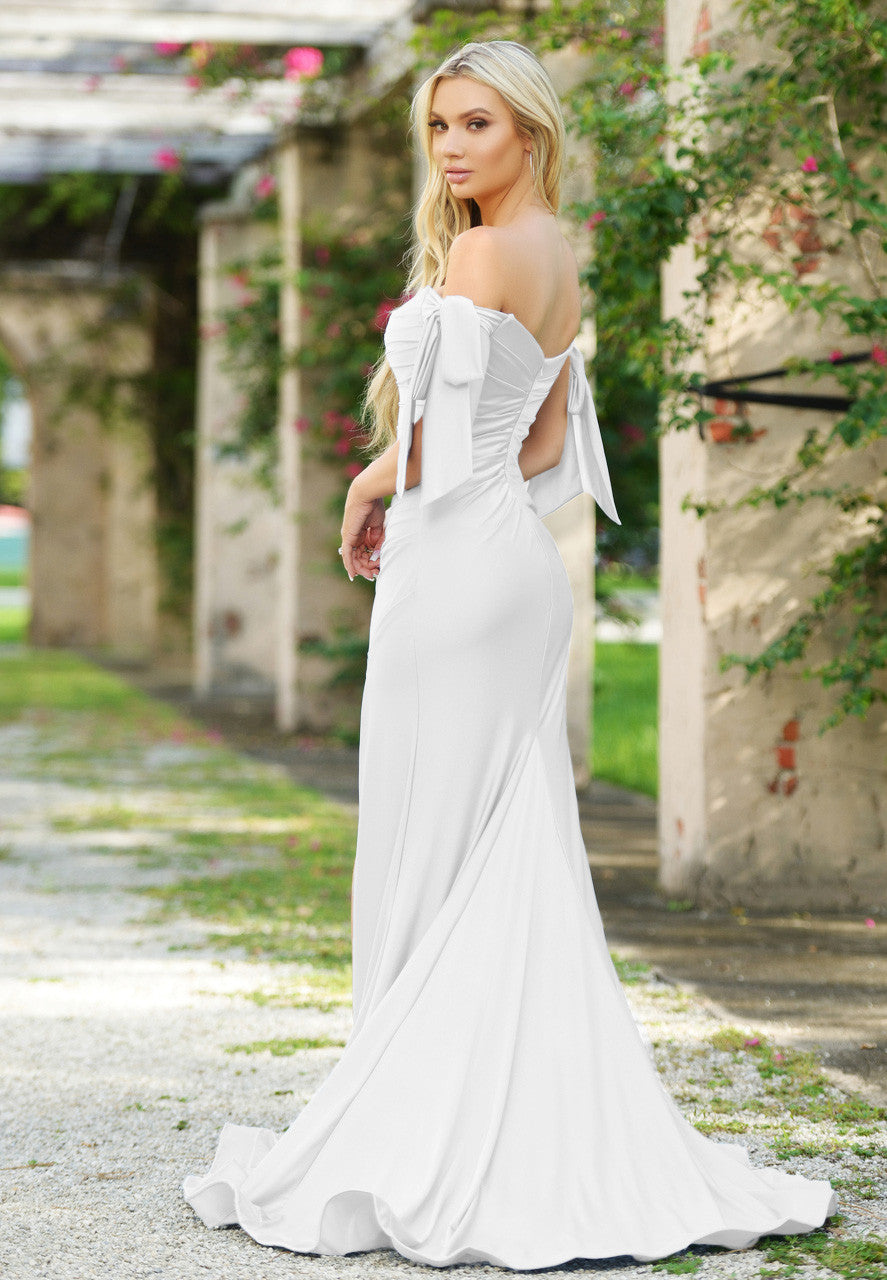 Amber Gown Off-White Off Shoulder Stretch Spandex Satin Dress With Ties