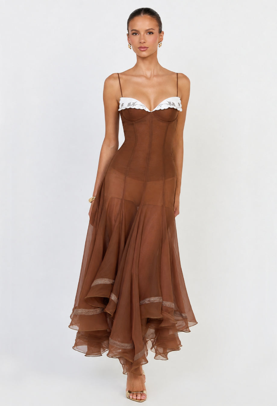 Anais Brown Chiffon Sheer Overlay Midi Dress