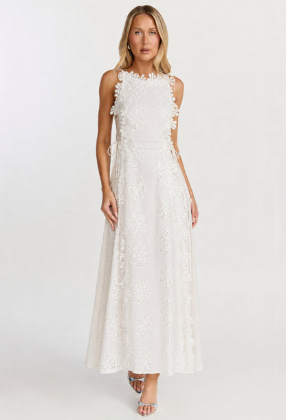 Araminta 3D Floral Broderie Anglaise Midi Dress White