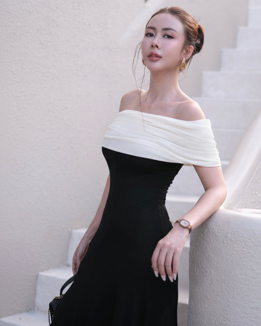Arlena Off-the-Shoulder Maxi Dress Black & White