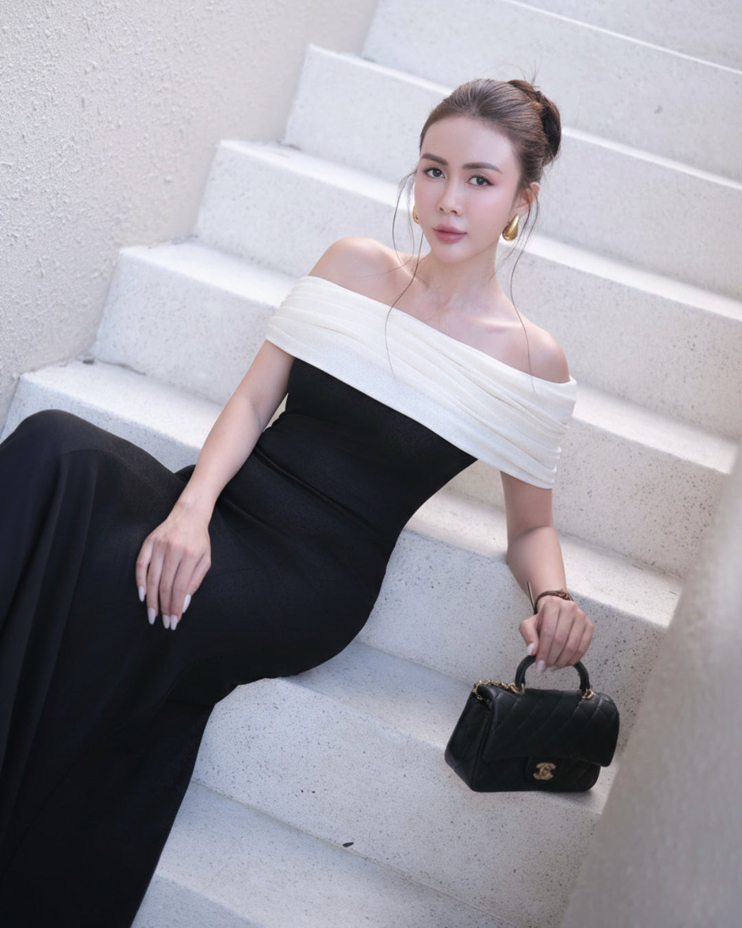 Arlena Off-the-Shoulder Maxi Dress Black & White