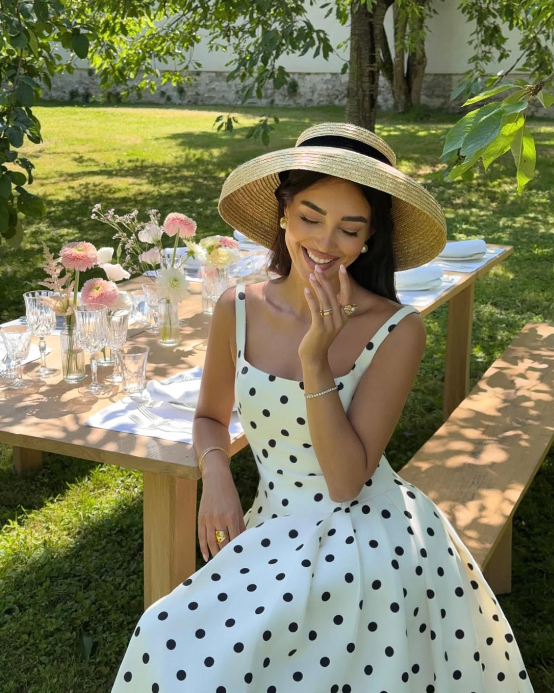 Caroline Polka Dot Midi Dress Black and White