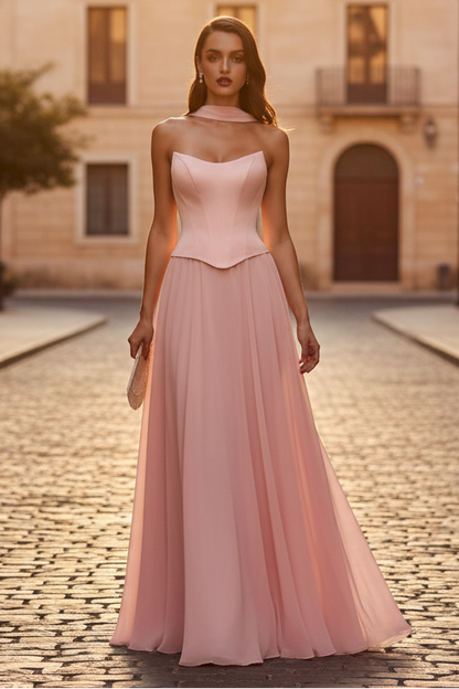 ISABELLA GOWN STRAPLESS CHIFFON DRESS WITH SCARF