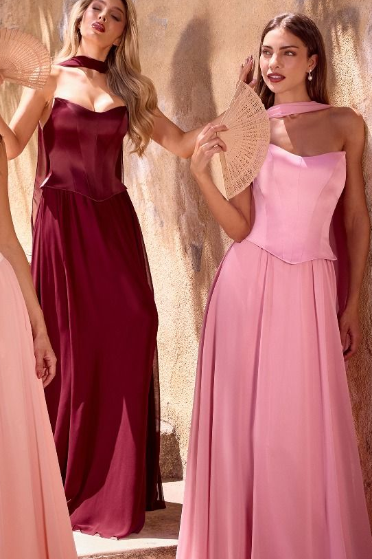 ISABELLA GOWN STRAPLESS CHIFFON DRESS WITH SCARF