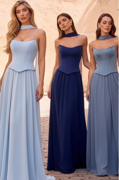 ISABELLA GOWN STRAPLESS CHIFFON DRESS WITH SCARF