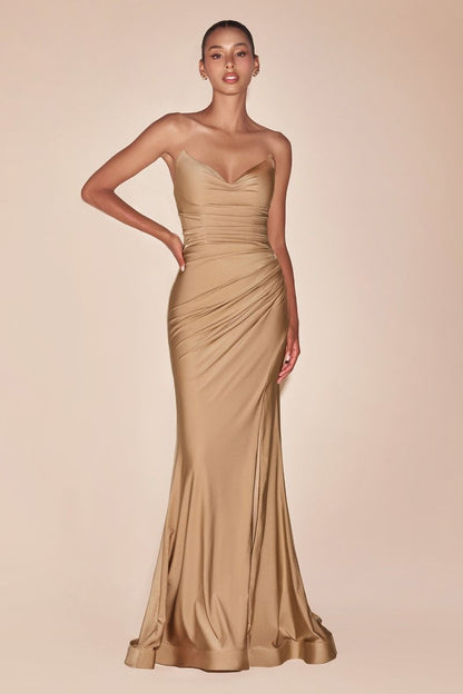 AVA POINTED V-NECKLINE GOWN STRAPLESS STRETCH SPANDEX SATIN FITTED DRESS