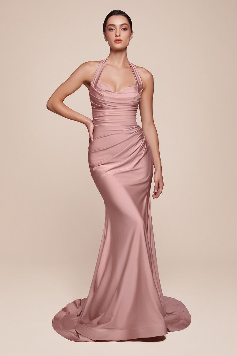 Autumn Gown Stretch Spandex Satin Halter Fitted Dress