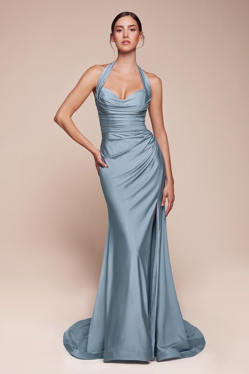 Autumn Gown Stretch Spandex Satin Halter Fitted Dress