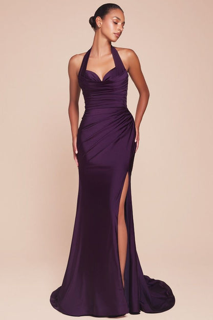 Autumn Gown Stretch Spandex Satin Halter Fitted Dress