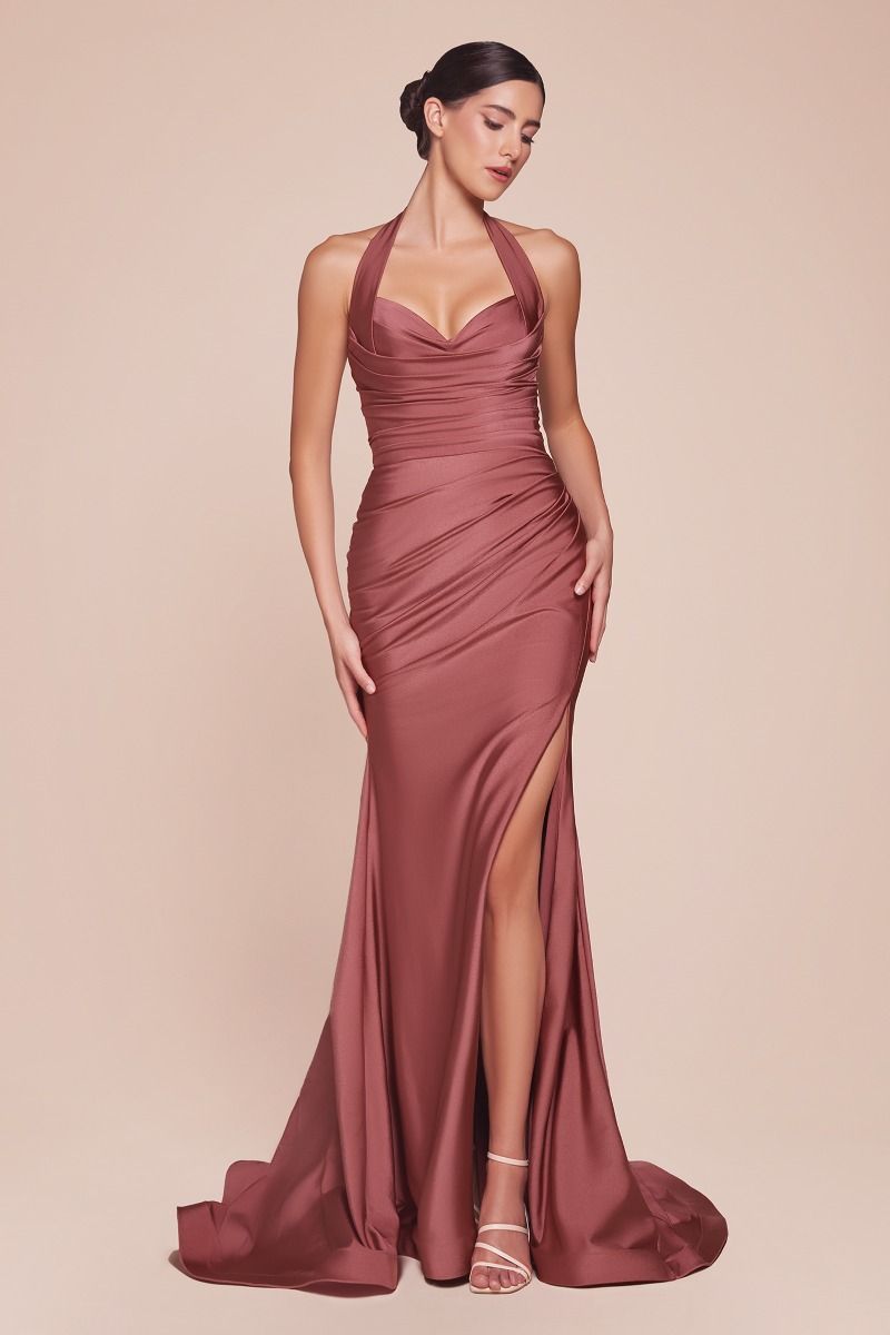 Autumn Gown Stretch Spandex Satin Halter Fitted Dress