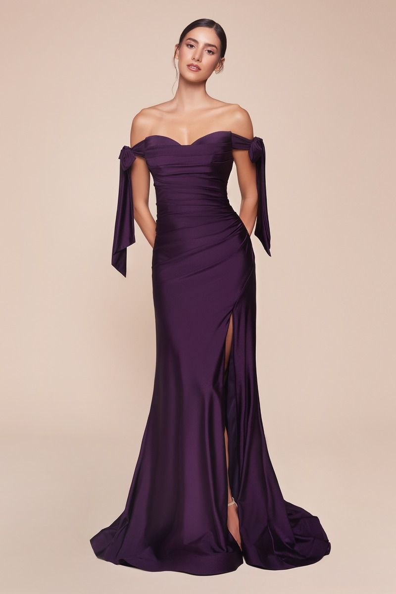 Amber Gown Off Shoulder Stretch Spandex Satin Dress With Ties
