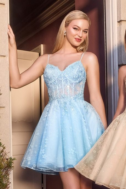 JOLEEN MINI DRESS FLORAL LACE & TULLE A- COCKTAIL DRESS