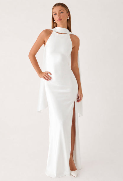 Dalia White Satin Maxi Dress with Scarf