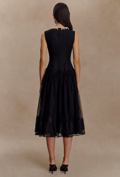Darla Black Flowy Midi Dress for Wedding Guests & Formal Events