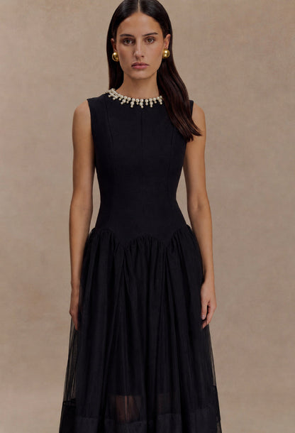 Darla Black Flowy Midi Dress for Wedding Guests & Formal Events
