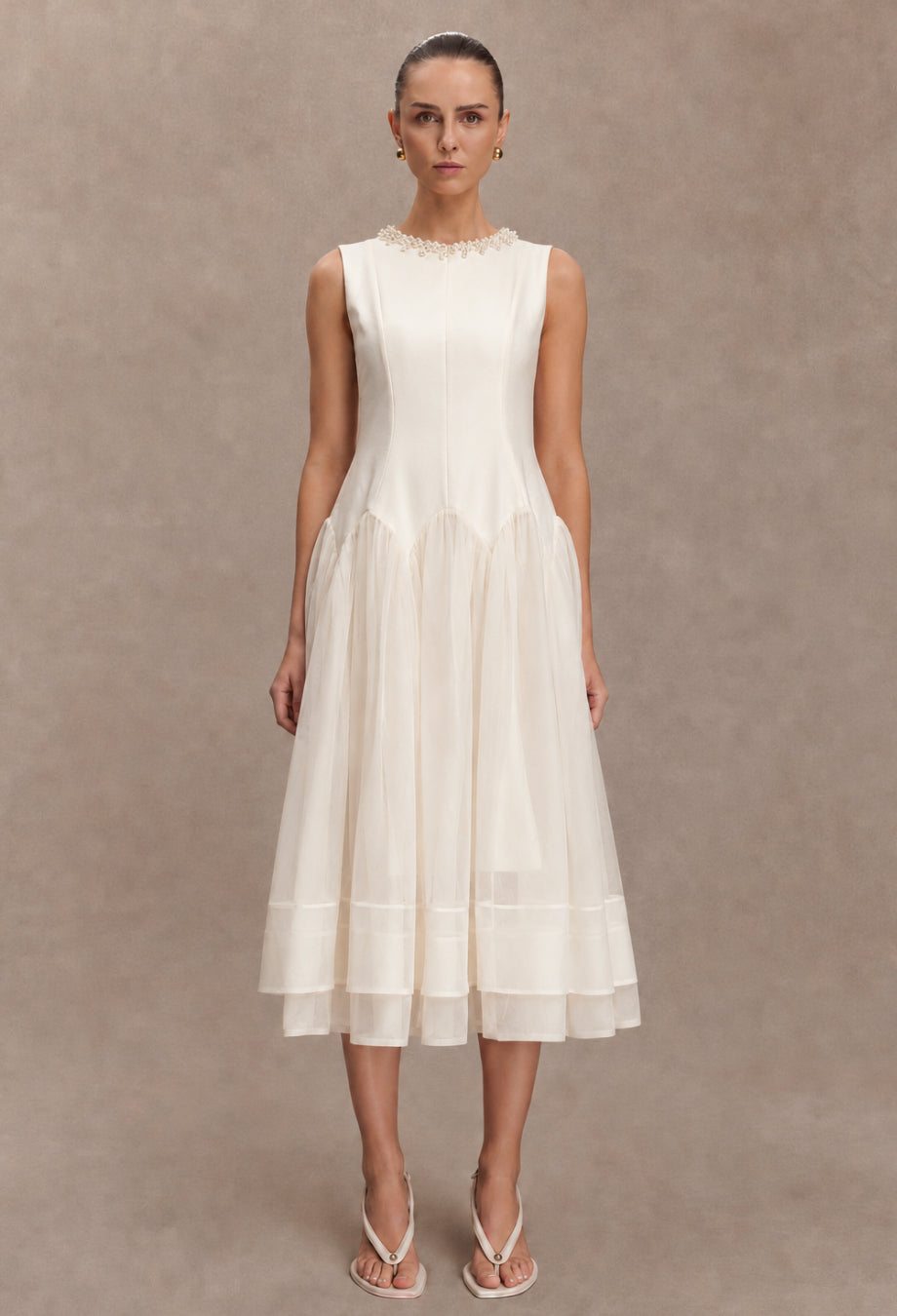 Darla Ivory Flowy Midi Dress for Brunch or Summer Parties