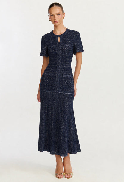 Elinor Navy Rhinestone Knit Midi Dress