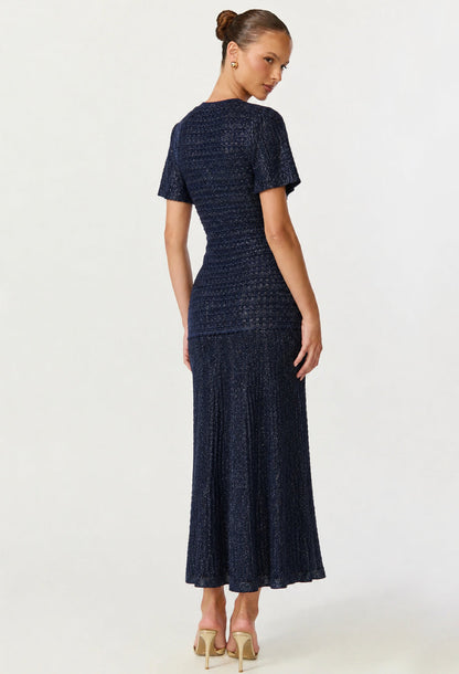 Elinor Navy Rhinestone Knit Midi Dress