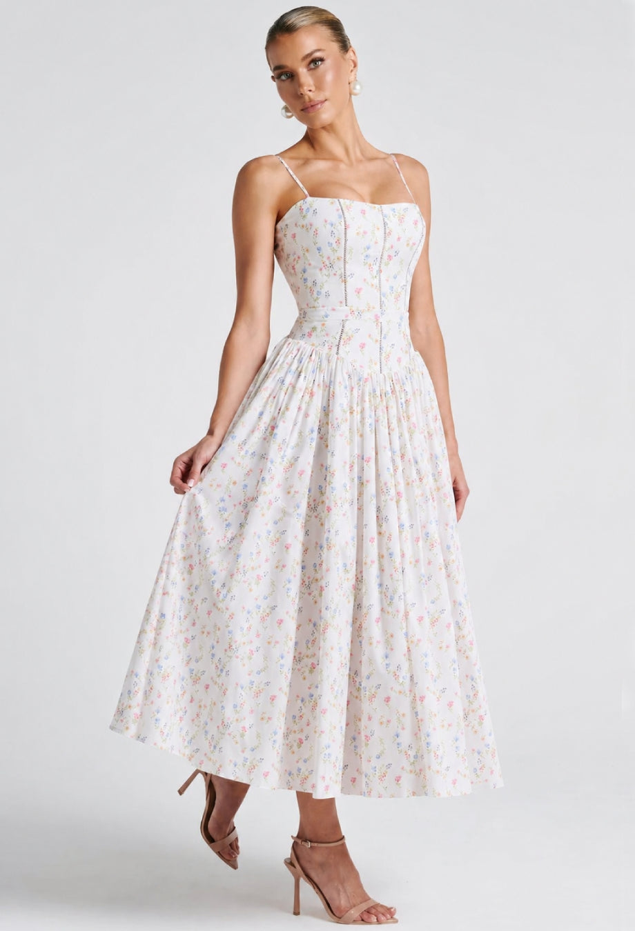 Evelyn Floral Print Midi Dress White