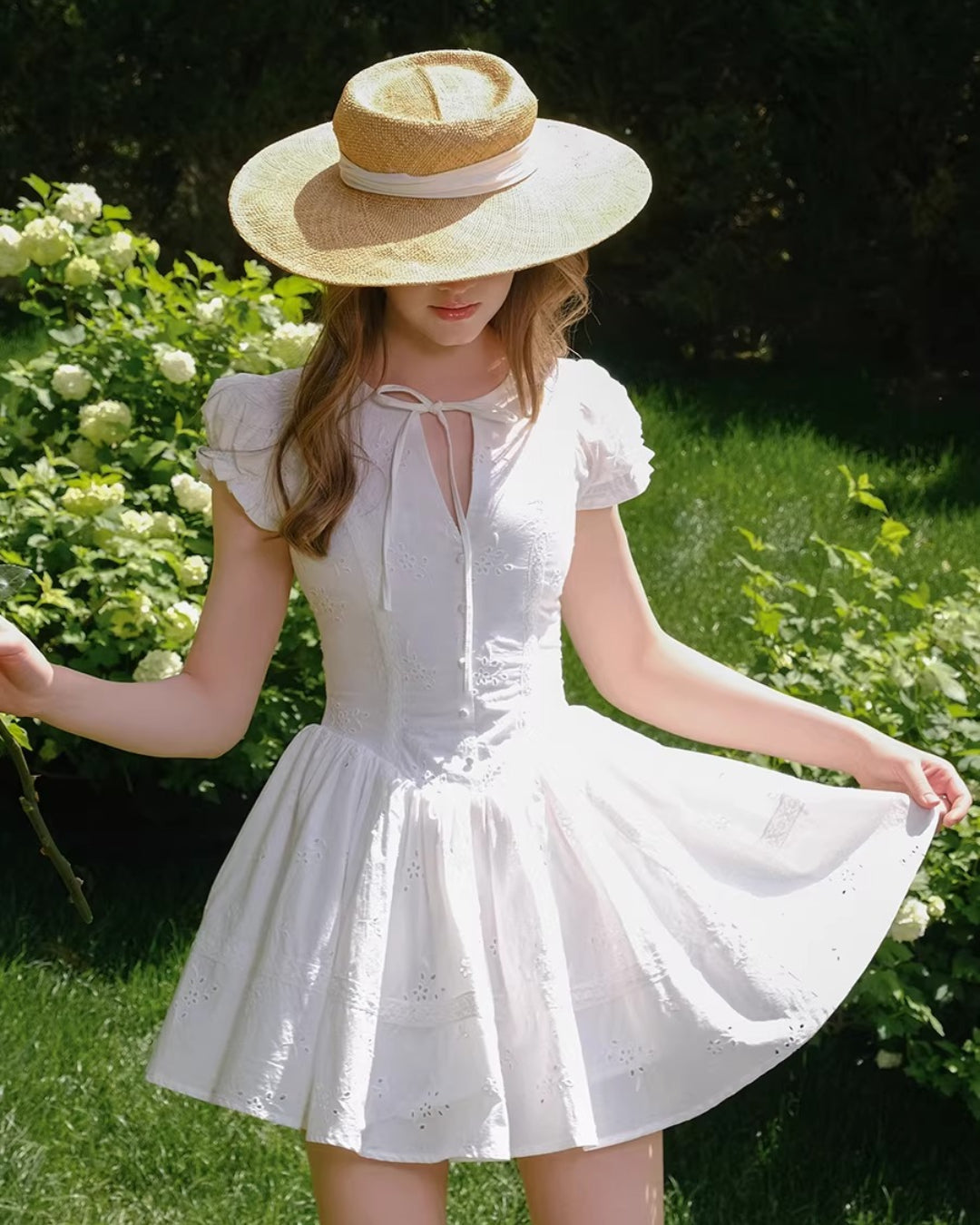 Imani Pleated Broderie Anglais Mini Dress White