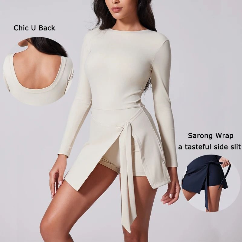 High Neck Long Sleeve Tennis Dress With Wrap Skirt And Built In Shorts 4