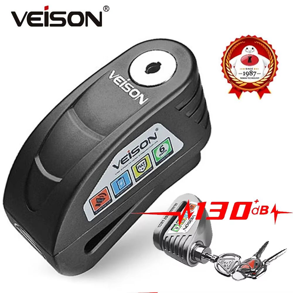 VEISON Motorcycle Alarm Disc Lock – Waterproof Anti-Theft Brake Rotor Padlock with 130dB Warning Siren
