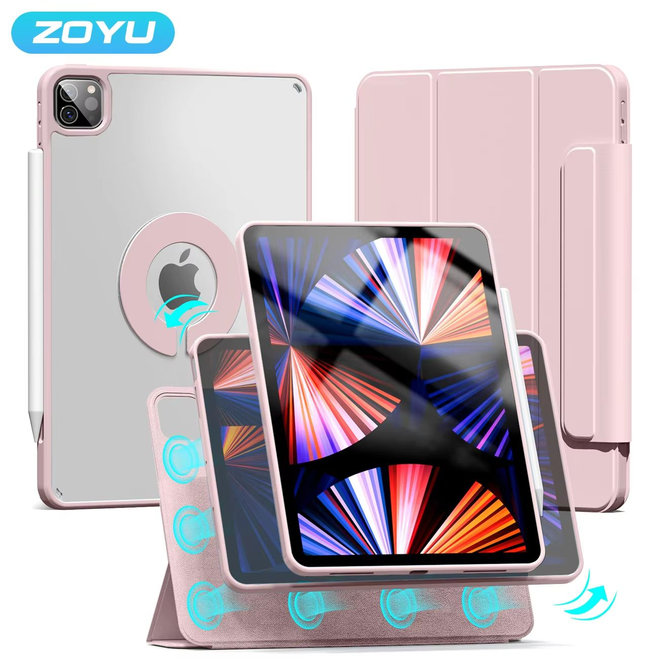 ZOYU Magnetic iPad Case – 360° Rotating Detachable Back Cover for iPad Pro, Air & Mini