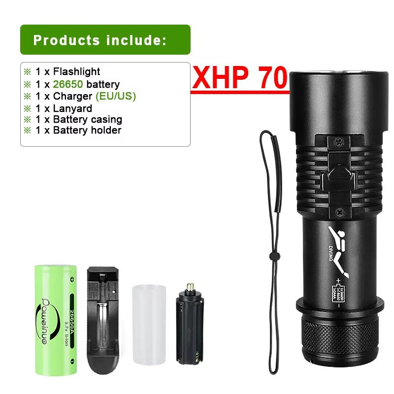 Rechargeable Diving Flashlight  Waterproof Submersible XHP70 LongRange Torch For Night Diving  Outd 8