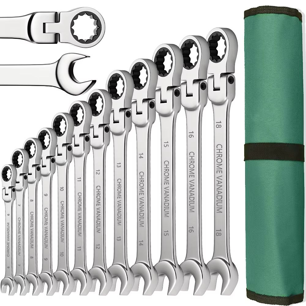 Flexible Head Ratcheting Wrench Set 8–22mm – Metric Combination Spanner Kit with Carry Bag