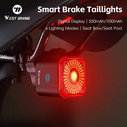 WEST BIKING Smart Bike Tail Light – Brake Sensing Rear Light with Digital Power Display & Auto On/Off