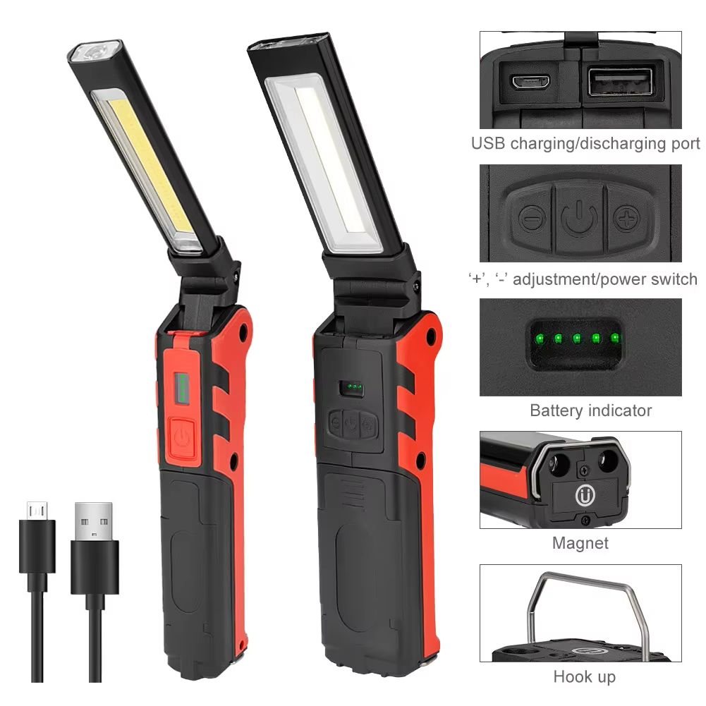 Rechargeable COB LED Work Light – Dimmable Flashlight with Magnetic Hook, Power Bank Function & 18650 Battery