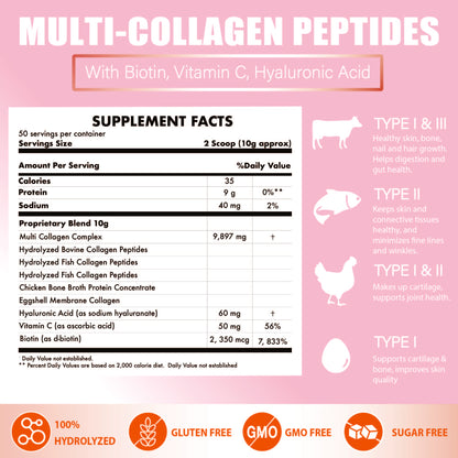 Nature4U Multi Collagen Peptides Powder with Biotin, Hyaluronic Acid, Vitamin C, 10g Dose for Healthy Hair, Skin, Nail
