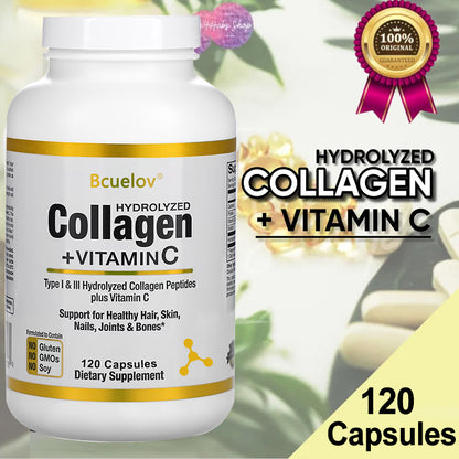Bcuelov Hydrolyzed Collagen Peptides Plus Vitamin C, 120 Capsules for Healthy Hair, Skin, Nails, Joints Bones Support