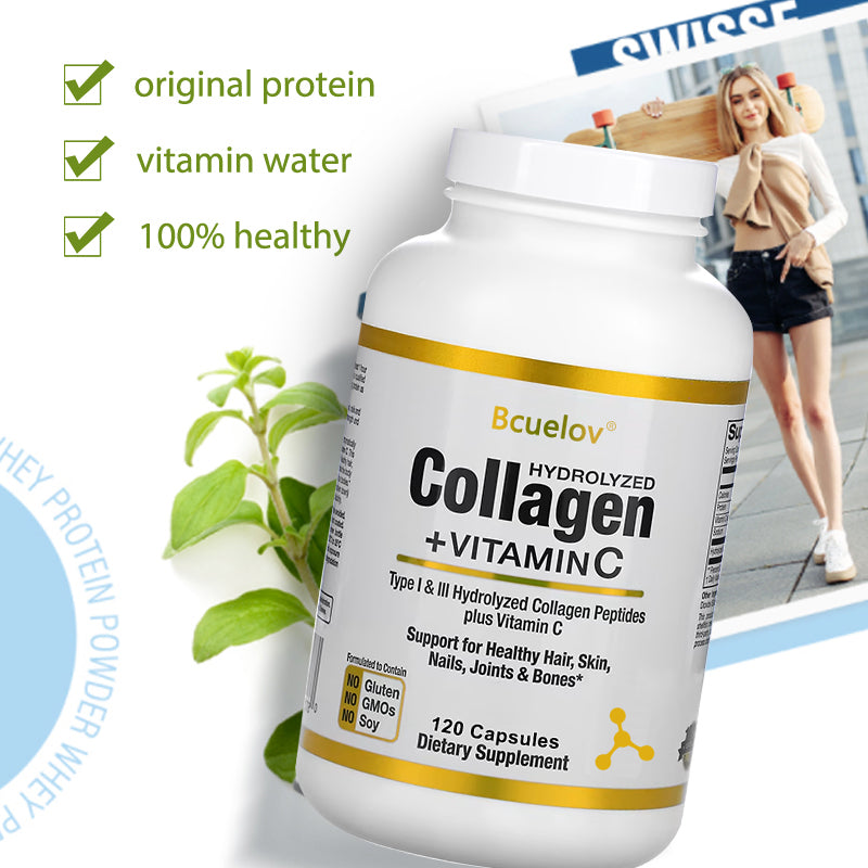 Bcuelov Hydrolyzed Collagen Peptides Plus Vitamin C, 120 Capsules for Healthy Hair, Skin, Nails, Joints Bones Support