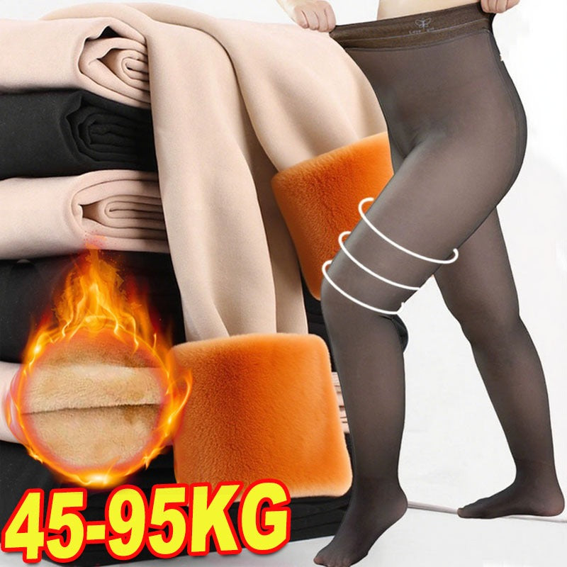 Winter Thermal Opaque Leggings High Waist, Plus Size Fleece Lined Tights Women, Warm Insulated Fake Sheer Tights
