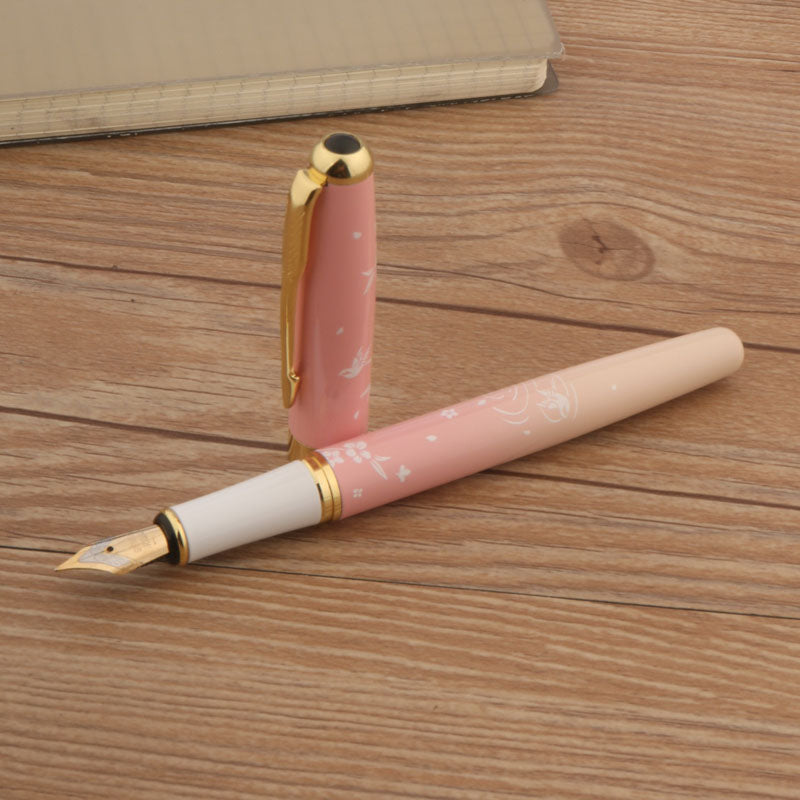 Luxury Pen With Ink Metal Fountain Pen Pink Flowers F Nib Professional Office  School Supplies Gift 2