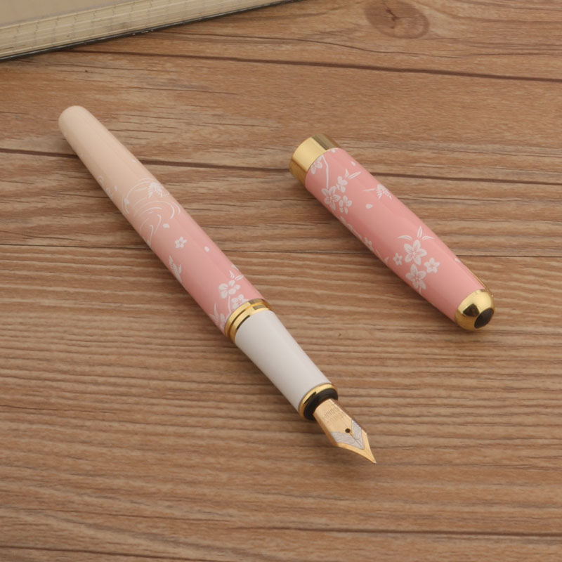 Luxury Pen with Ink Metal Fountain Pen Pink Flowers F Nib, Professional Office & School Supplies Gift Set